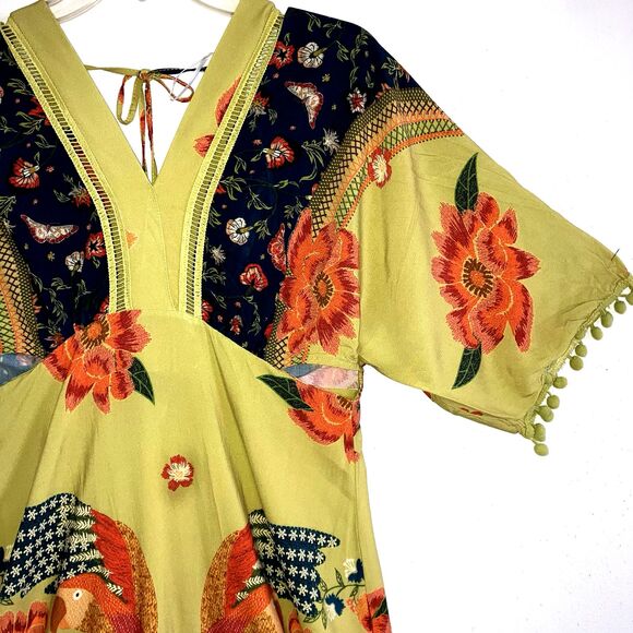 ARTECOR MODA BRAZIL M Colorful Keyhole Cut-Out Bohemian Long Dress Birds Parrots - Picture 2 of 6